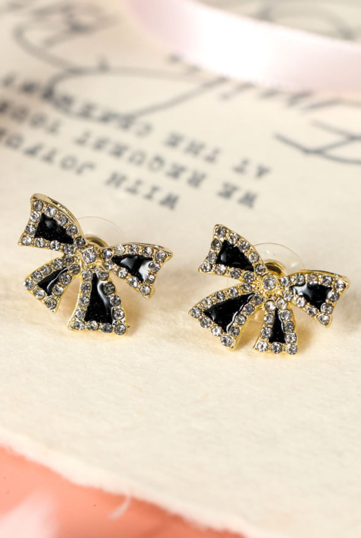 Black Rhinestone & Gold Bow Earrings *expected arrival 2/1*