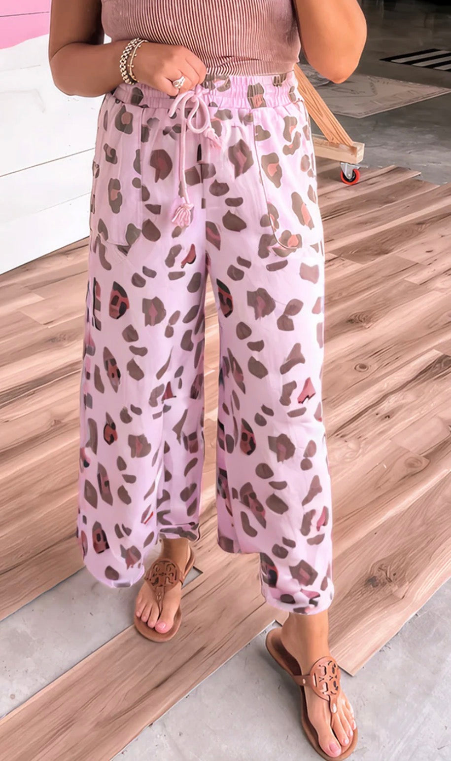 Pink Drawstring Leopard Pants