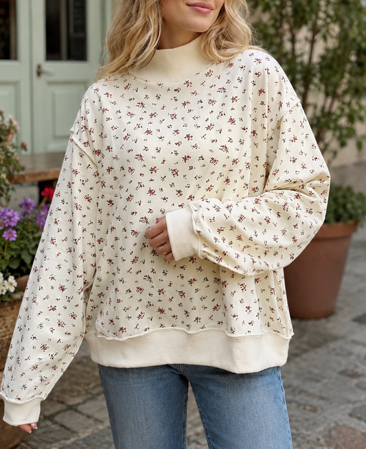 Beige Ribbed Floral Pullover RTS