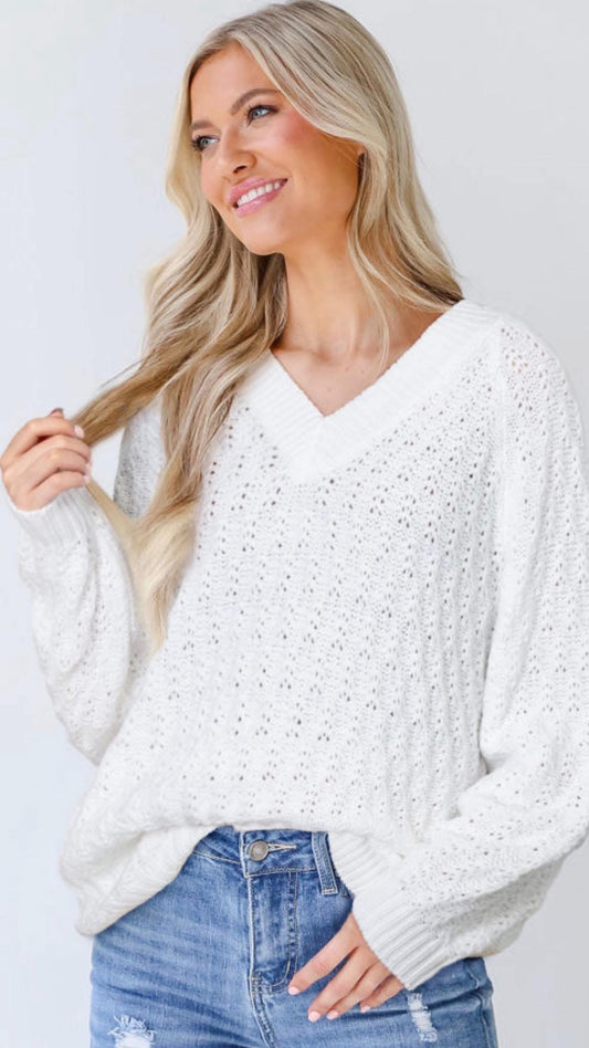 White V-Neck Textured Sweater