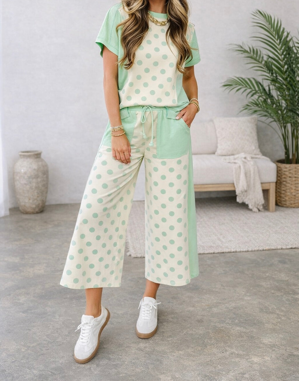 Polka Dot Patchwork Wide Leg Pants Set RTS
