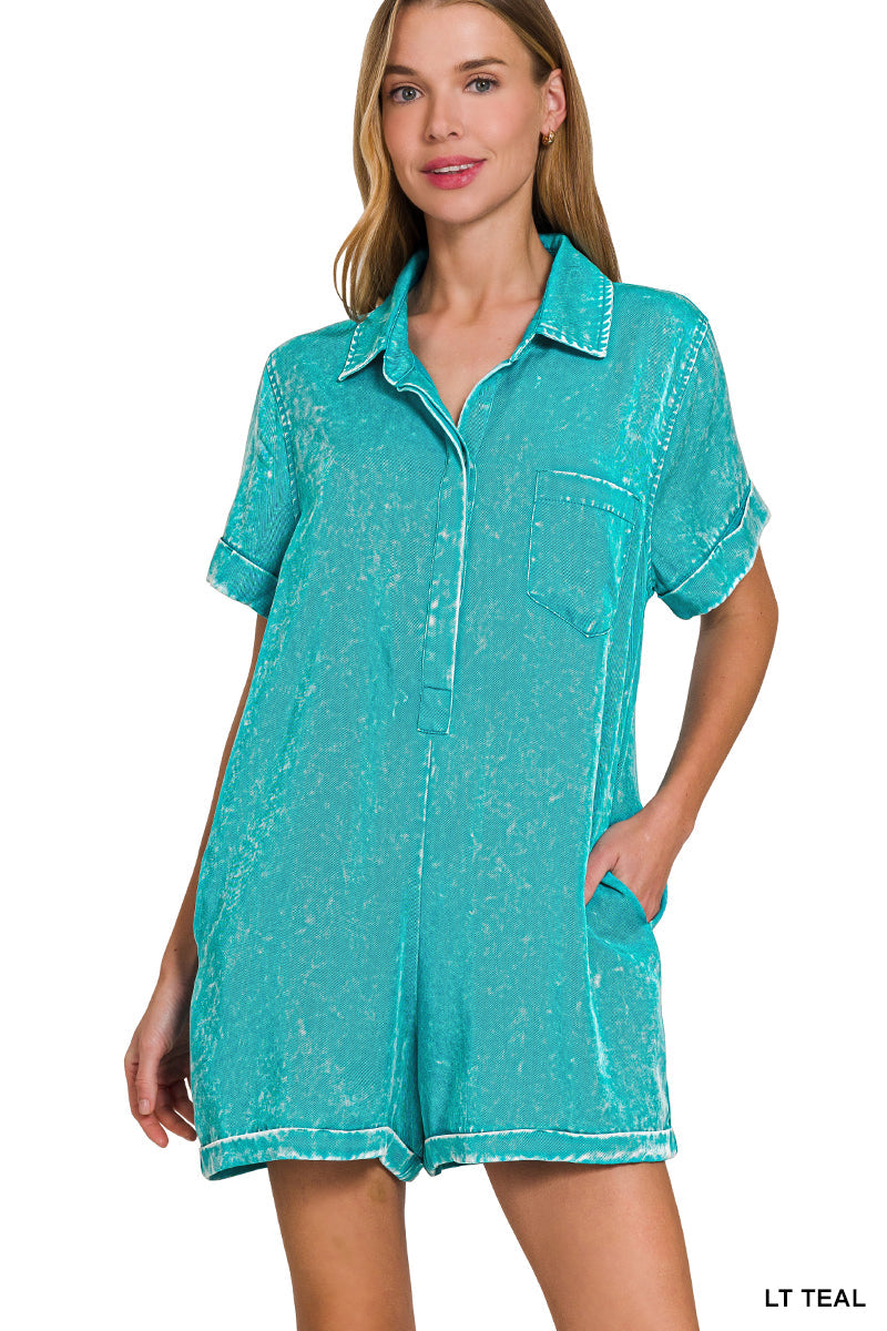 Mineral Wash Half Button Romper Zenana RTS