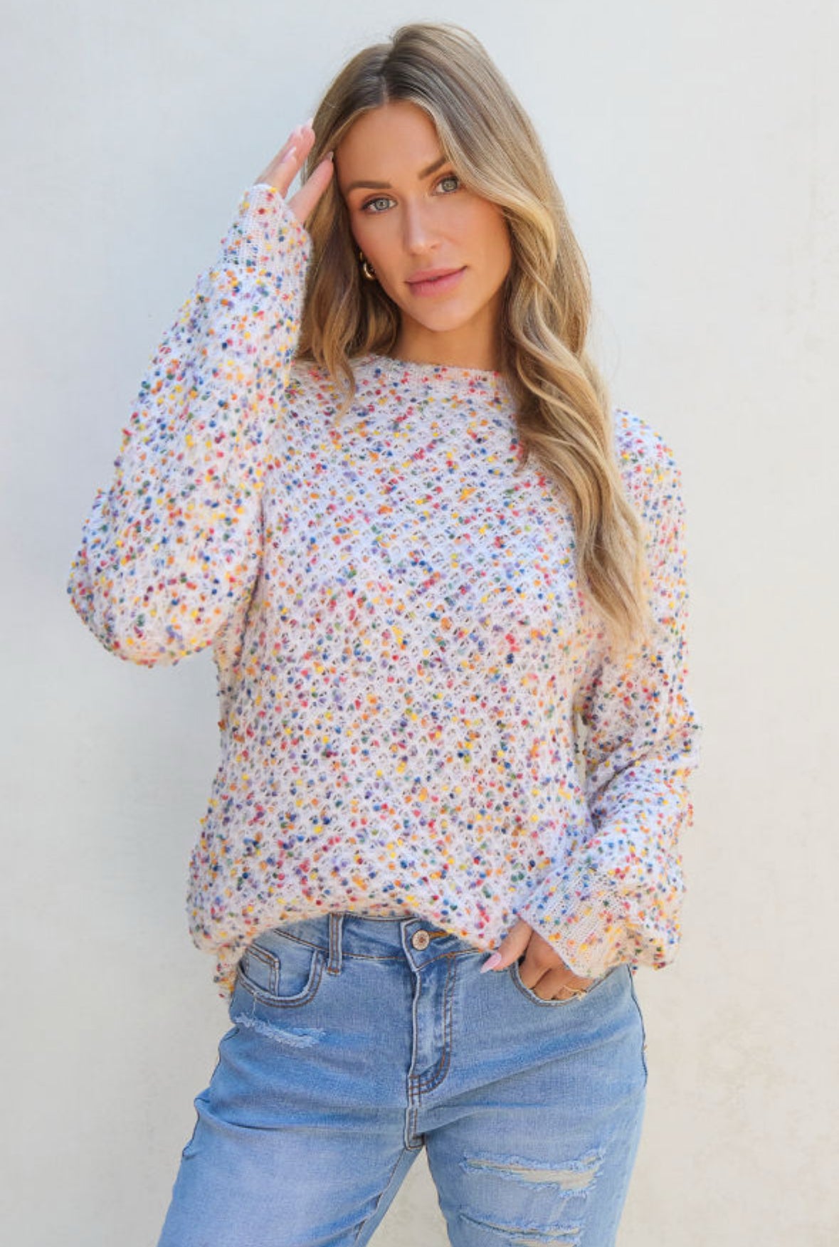 White Confetti Popcorn Knit Sweater *expected 2/1*