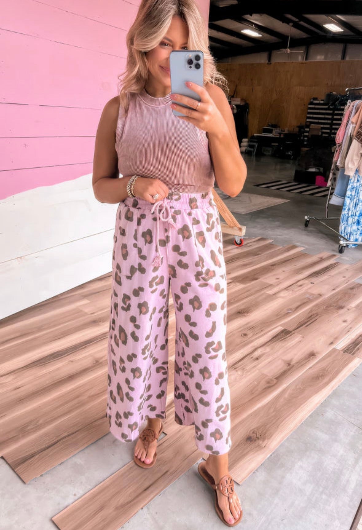 Pink Drawstring Leopard Pants