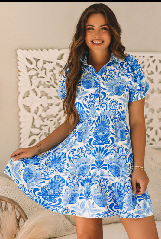 Sky Blue Retro Floral Mini Dress