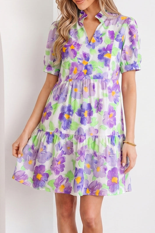 Purple Floral Ruffle Mini Dress RTS