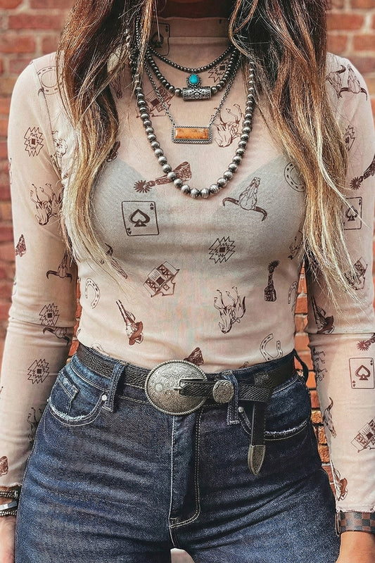 Western Print Mesh Top RTS